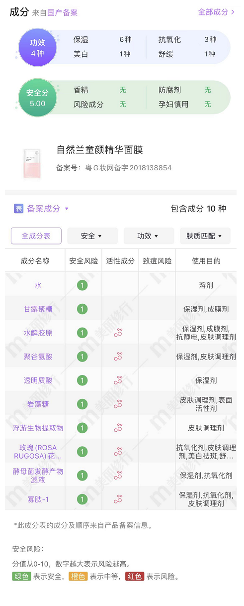 自然兰童颜面膜成分表