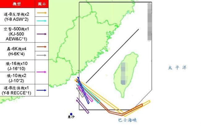 台军报告中的我军各机型飞行路线示意图