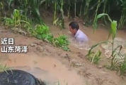 山东菏泽一村干部跳入水中疏通排水口