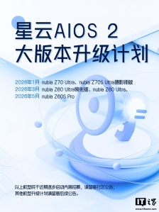 努比亚星云 AIOS 2 大版本升级计划发布，2026 年 1 月起向 Z70 Ultra 等机型推送