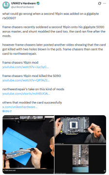 极客为 RTX 5090 显卡“补足”第二组 12V-2×6 供电，结果 PCB 板被烧穿