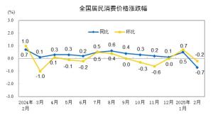 2025年2月份居民消费价格同比下降0.7%