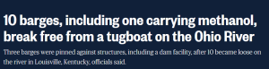 “毒火车”之后“毒沉船”又来了！载有1400吨甲醇驳船在俄亥俄河下沉