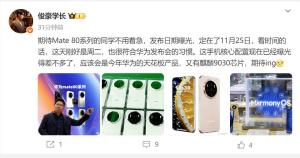 曝华为Mate 80定档11月25日 全系标配麒麟9030处理器