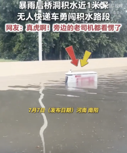 无人快递车勇闯积水近一米的桥洞，网友：真虎啊！