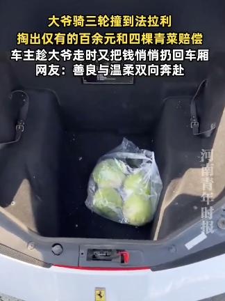 大爷撞法拉利掏163元和4棵菜赔偿 善良与温柔双向奔赴