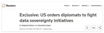 美国对其全球外交官下令 抵制数据主权法