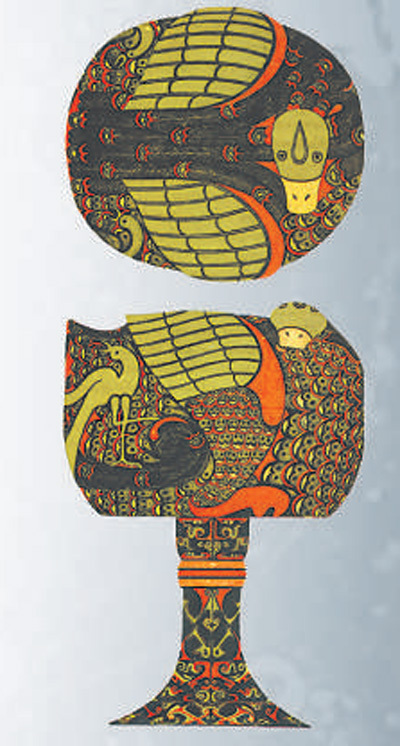 　　湖北江陵楚墓出土的彩绘鸳鸯纹木雕漆豆复原图。