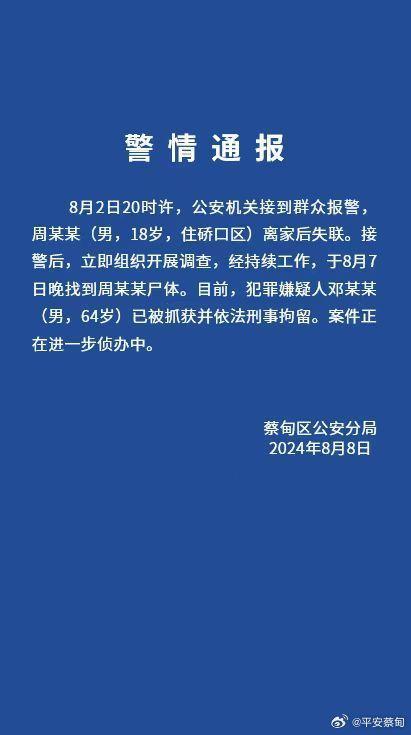 失踪高中生遗体被发现 嫌疑人被拘