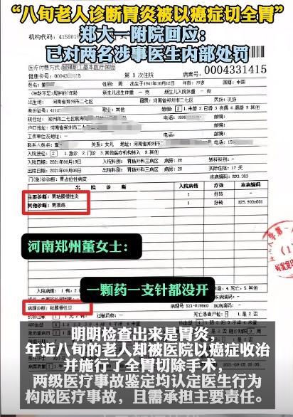 老人患胃炎误当胃癌切全胃 医院内部处罚引发争议