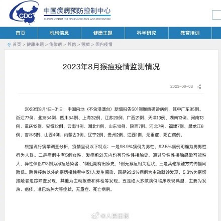 中疾控：8月新增501例猴痘确诊