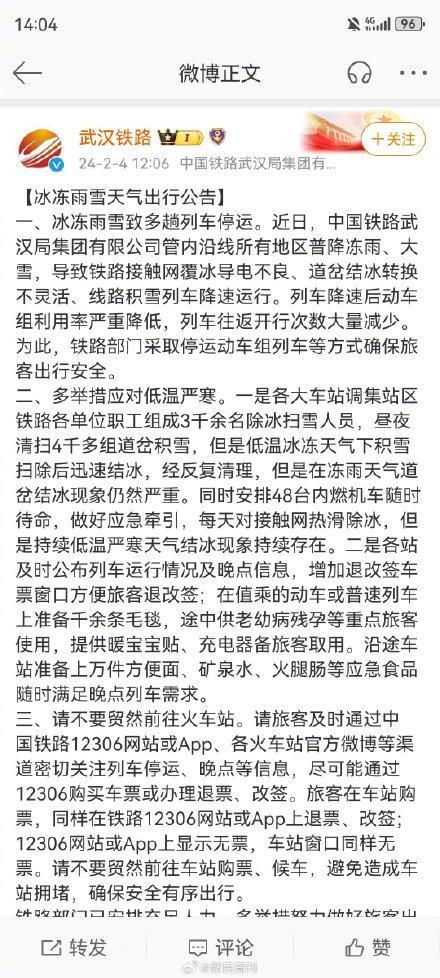 冰冻雨雪致多趟列车停运 为何官方建议不要贸然去火车站？