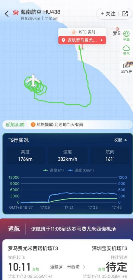 海南航空回应航班遭遇鸟击返航 安全降落罗马机场