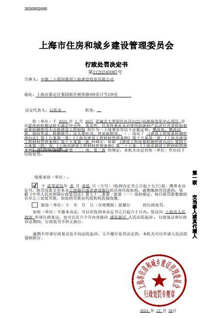 因使用不合格建材等违规行为，中铁二十四局上海建投公司被罚