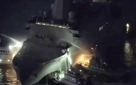 美军两栖船坞登陆舰烧了15小时
