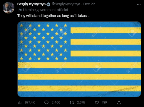 为秀团结 乌外交官发“黄蓝色星条旗”的图片 俄方嘲讽：这是乌克兰的“新国旗”