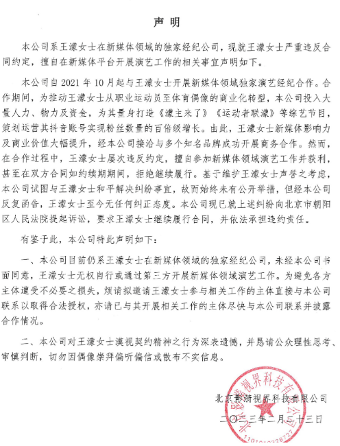 王濛被经纪公司起诉:严重违约 濛主的回应来了