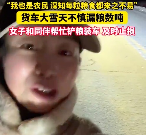 货车雪天漏粮数吨女子帮铲粮装车：我也是农民，深知每粒粮食都来之不易