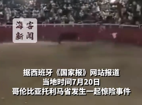 哥伦比亚一头公牛冲破护栏跳上看台 观众惊恐奔逃场面混乱