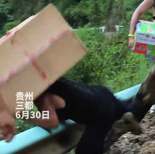 为受灾群众送物资 民警摔倒都没撒手物资