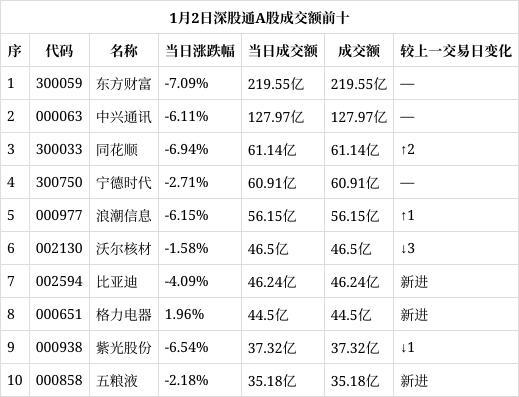 1月2日深股通A股成交额前十