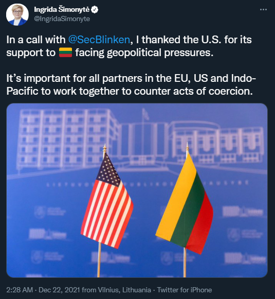 立陶宛总理给布林肯打电话：压力大，感谢美国支持