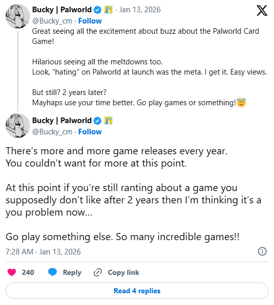 吵翻天了！《幻兽帕鲁》制作人回怼黑粉：去玩些别的吧