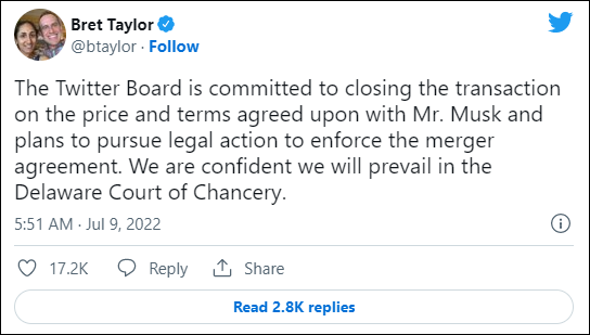 马斯克宣布终止收购，推特：法庭见