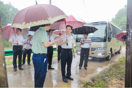 6月6日，梅州市市长王晖（右二）前往兴宁市大坪镇上大塘村狐狸坑调研。（吴腾江 摄）
