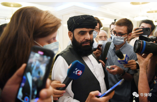 中间使用手机的，即为塔利班发言人苏海尔·沙欣