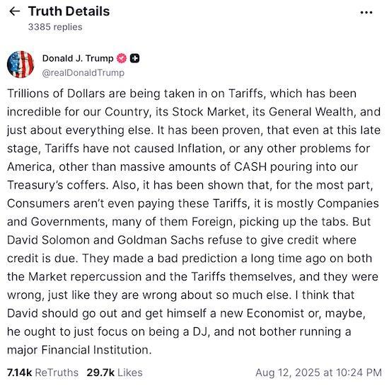 妄议“关税通胀”，特朗普怒了：高盛CEO专心当DJ去，别搞金融 经济学家被批
