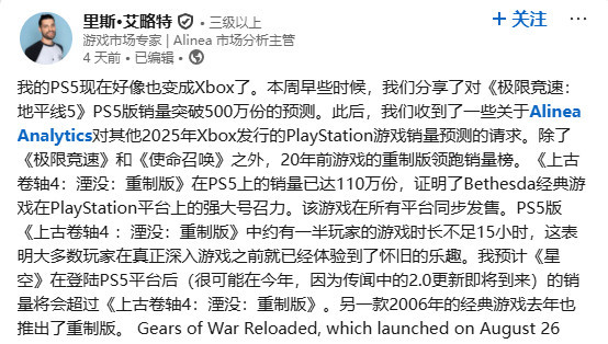 《上古卷轴4》PS5玩家有一半的人游戏时长不到15小时
