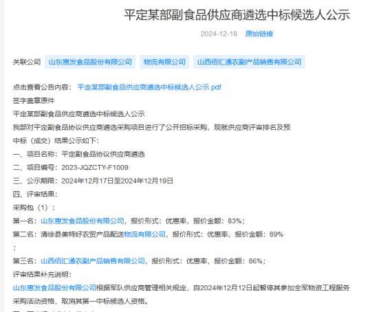 惠发食品迎来“多事之秋”,“暂停采购资格”+“亏损大幅增加”