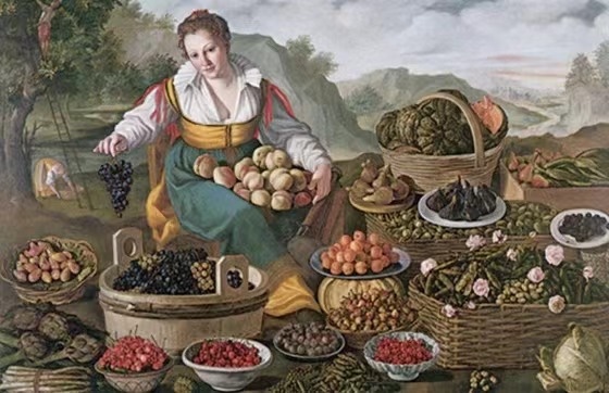 文森佐·坎皮，《水果小贩》，16世纪80年代，布面油画。（《不散的筵席：艺术中的饮食文化史》内页插图）