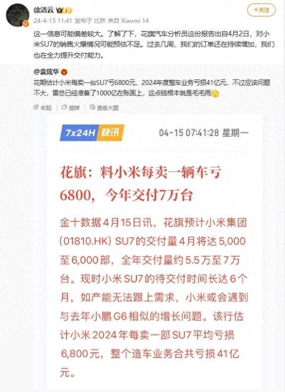 小米SU7卖一台或亏6800元