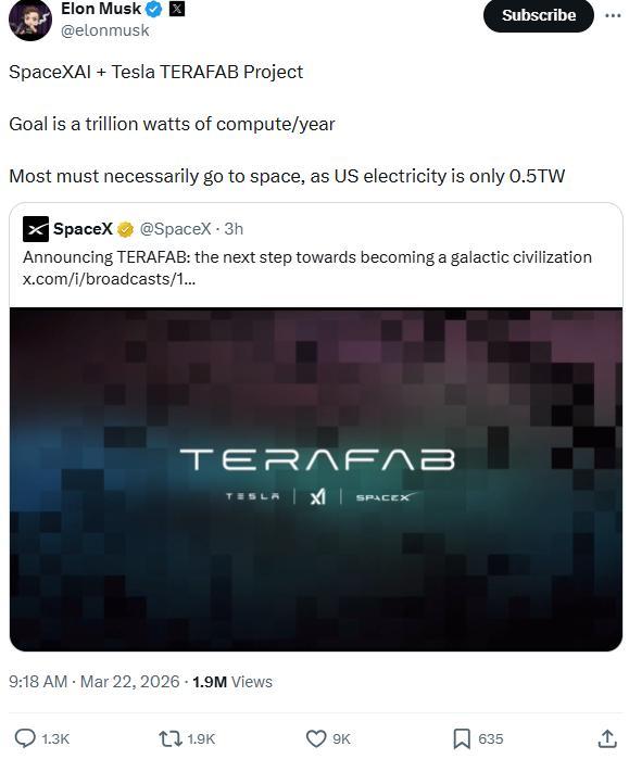 马斯克发布Terafab项目