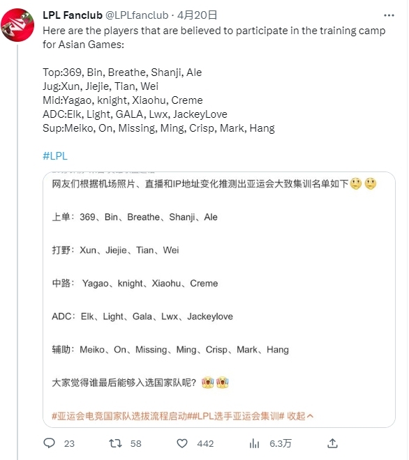 曝LPL亚运会集训名单在推特引热议 谁会代表中国国家队出战？