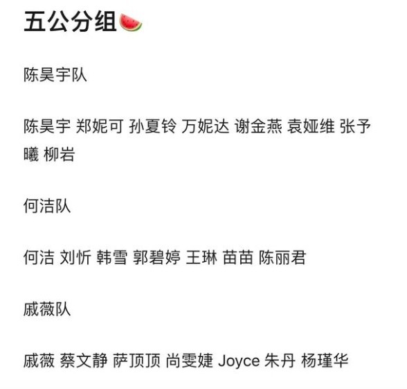 《浪姐》五公分组名单流出 陈昊宇组实力矫健，何洁任队长