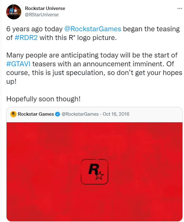 《荒野大镖客2》发布六周年 玩家期待《GTA6》公布预告