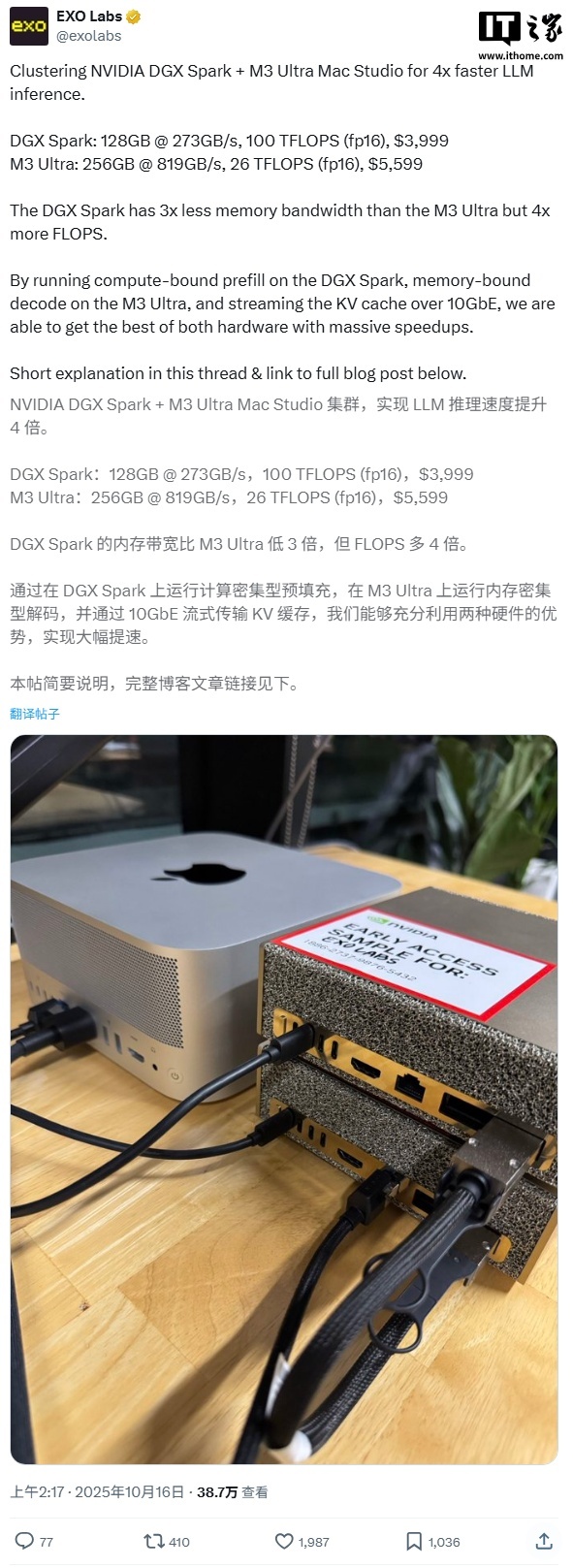 我全都要：苹果 M3 Ultra Mac Studio 叠加双英伟达 DGX Spark，AI 性能提升 2.8 倍