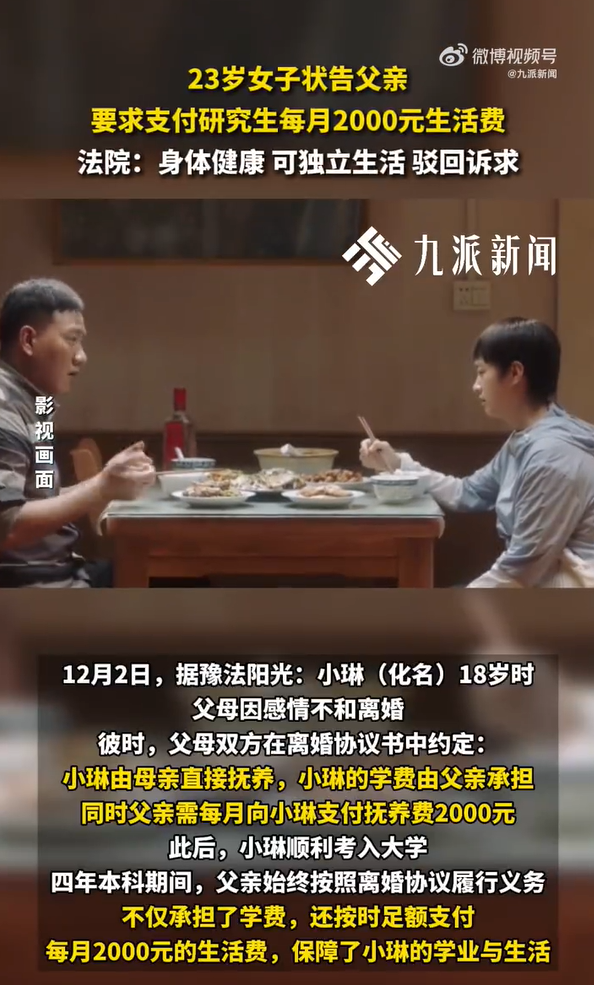 女生诉父亲付研究生生活费被驳:离婚协议之外的“义务”,法院这样认定