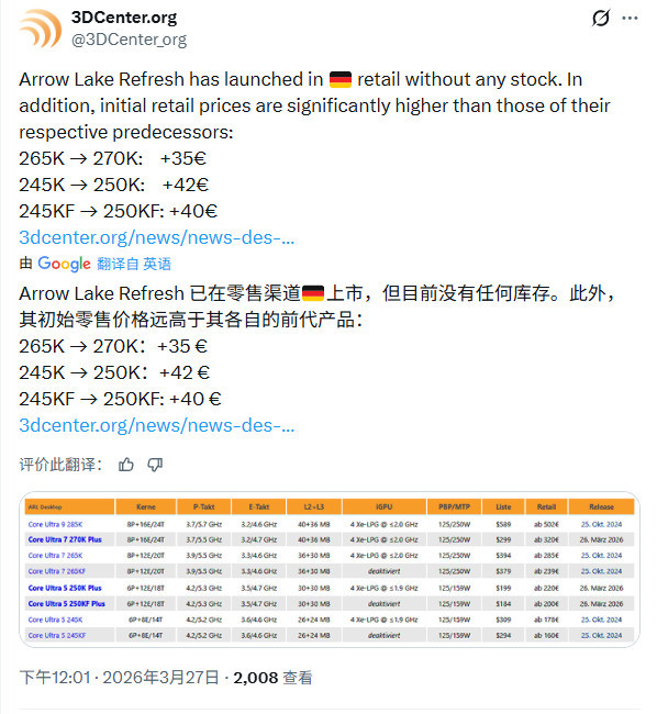 英特尔Ultra 200S Plus处理器开售三天 价格已上涨17%