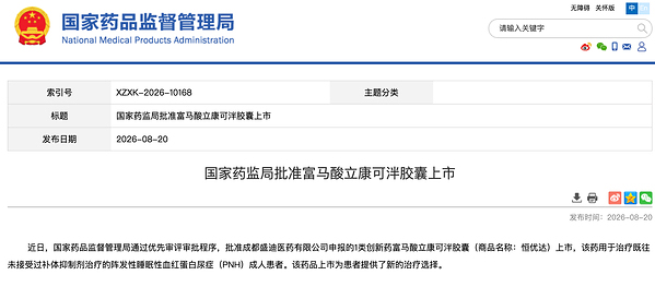 恒瑞创新药恒优达&reg;获批上市，用于阵发性睡眠性血红蛋白尿症（PNH）一线治疗