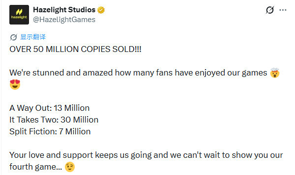 Hazelight游戏销量突破5000万 《双人成行》超3000万