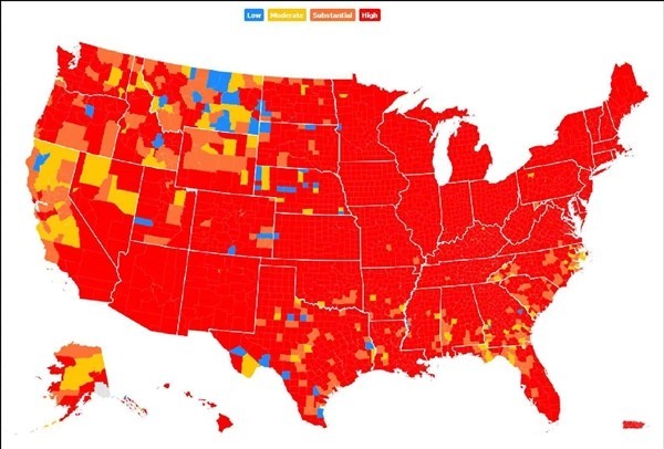 美国疫情地图几乎全红了 55％感染的都是奥密克戎