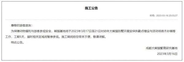 成都熊猫基地发施工公告，顶流大熊猫“花花”休假5天