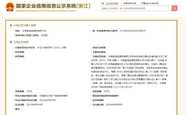 酒吧邀请涉毒艺人被罚 被宁海县文化和广电旅游体育局罚款5万元