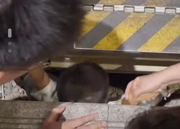 小男孩掉入火车站台缝隙，众人合力将其救出