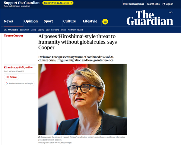 英外交大臣发严厉警告：AI失控危害堪比广岛核爆，呼吁中美牵头监管 共筑全球安全防线