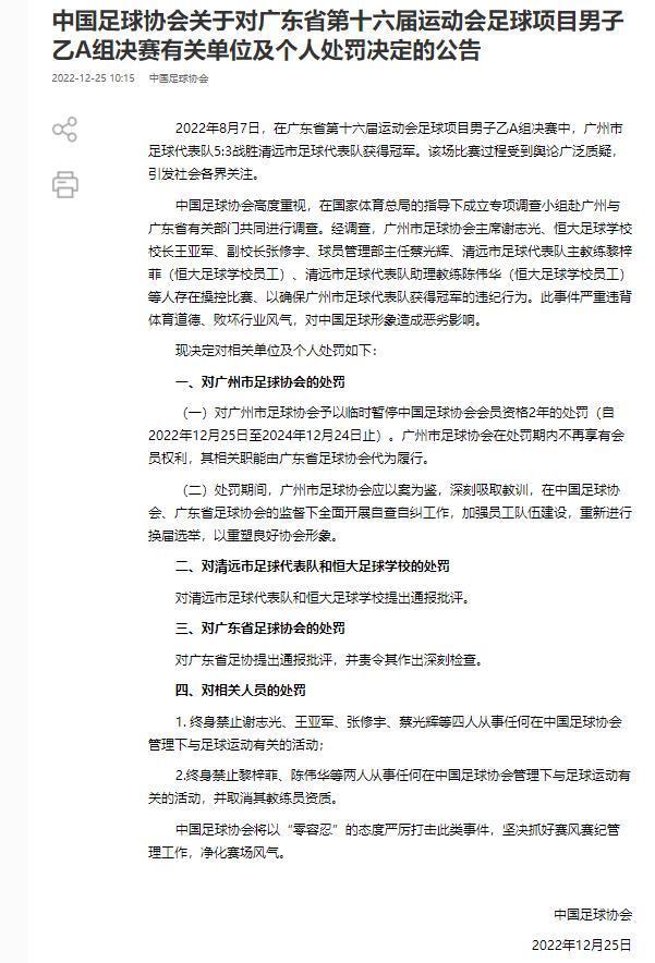中国足协对六人终身禁赛，并取消其中2人的教练员资质